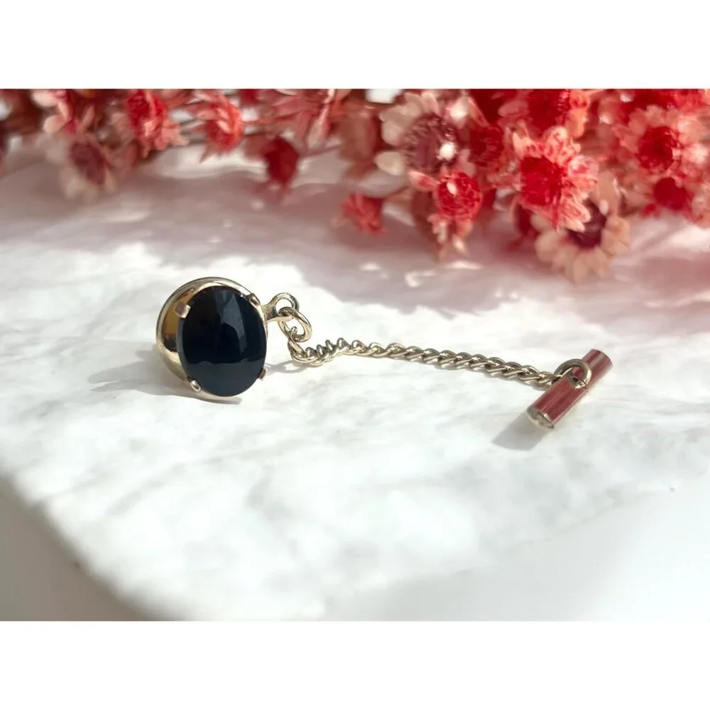 Faux Black Onyx Stone Silver Toned Vintage Men's Tie Tack